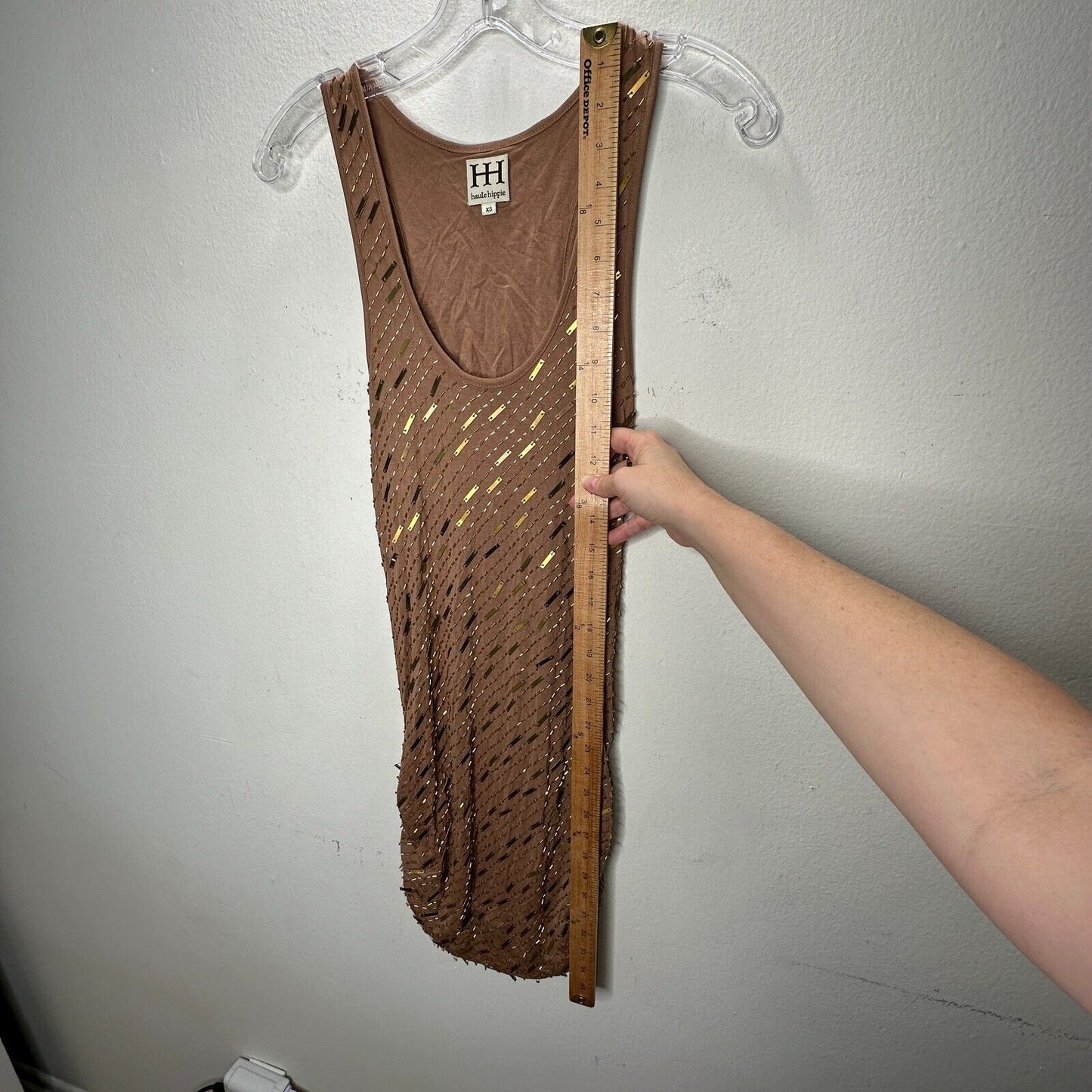 Haute Hippie Chocolate Brown Tank Mini Dress Side Ruche Gold & Beaded Adornment