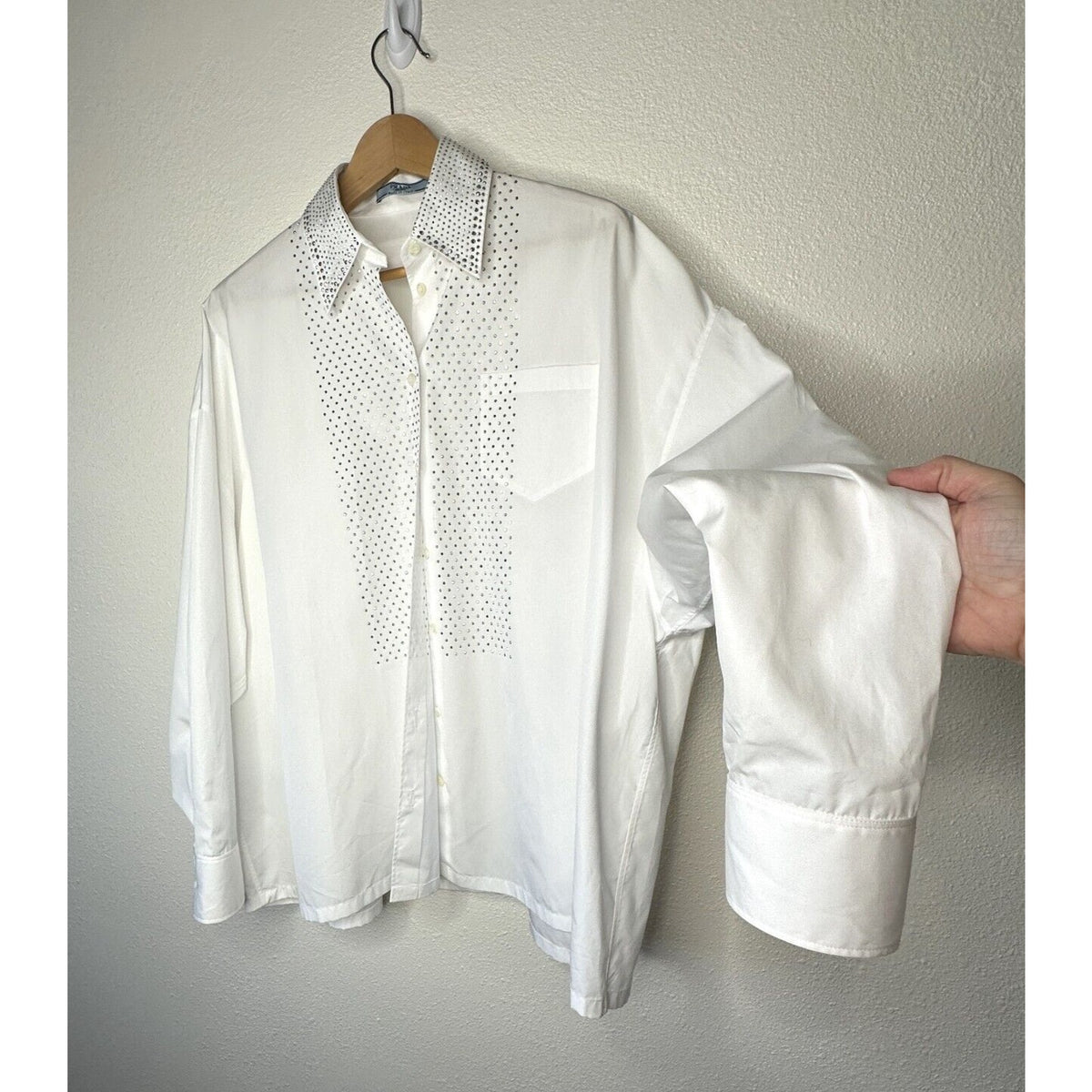 Prada White Long Sleeve Front Button Rhinestone Encrusted Collar & Front Shirt