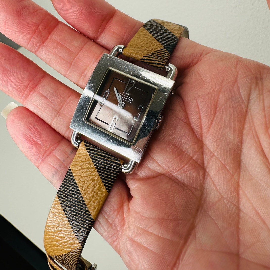 Coach Silver Square Bronze Face Watch Tan Plaid Watchband