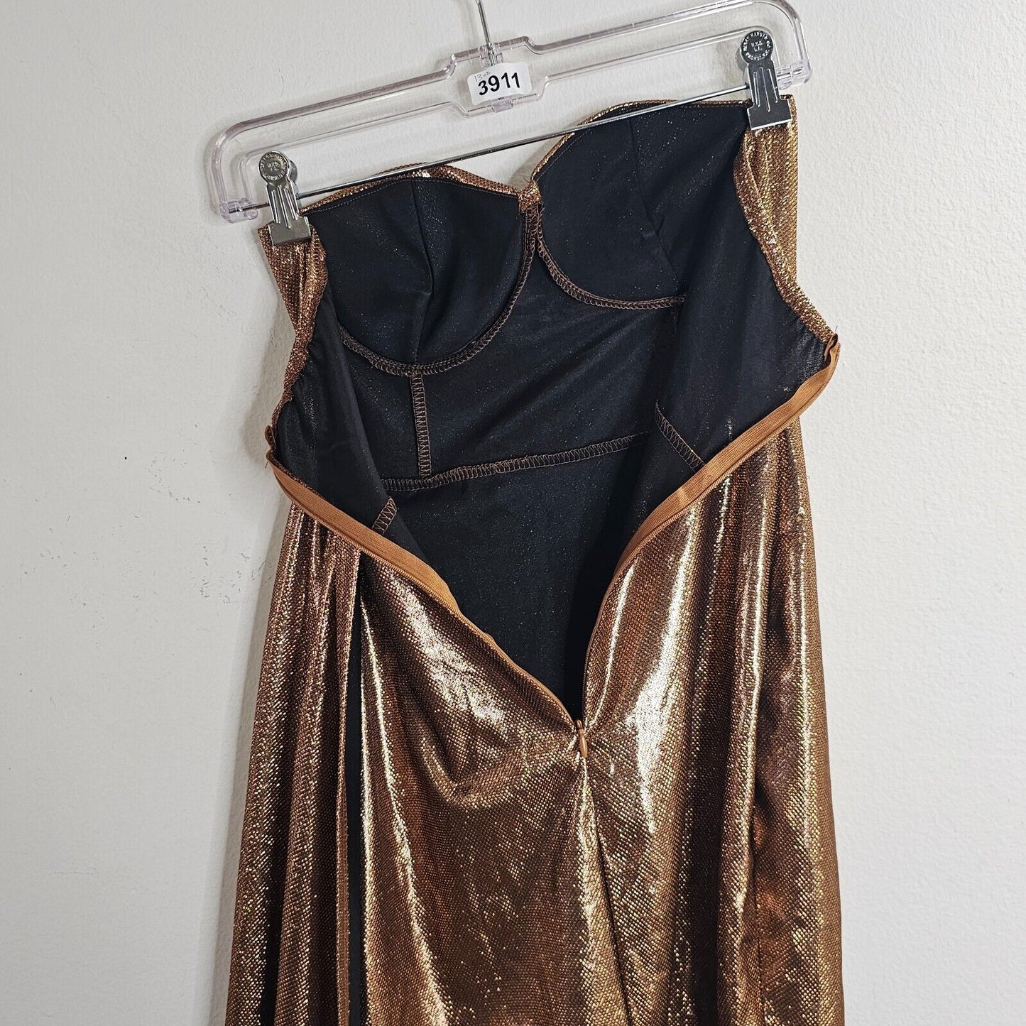 Bronze Gold Metallic Sweetheart Neck Sleeveless Bodycon Mini Long Sash Dress SM