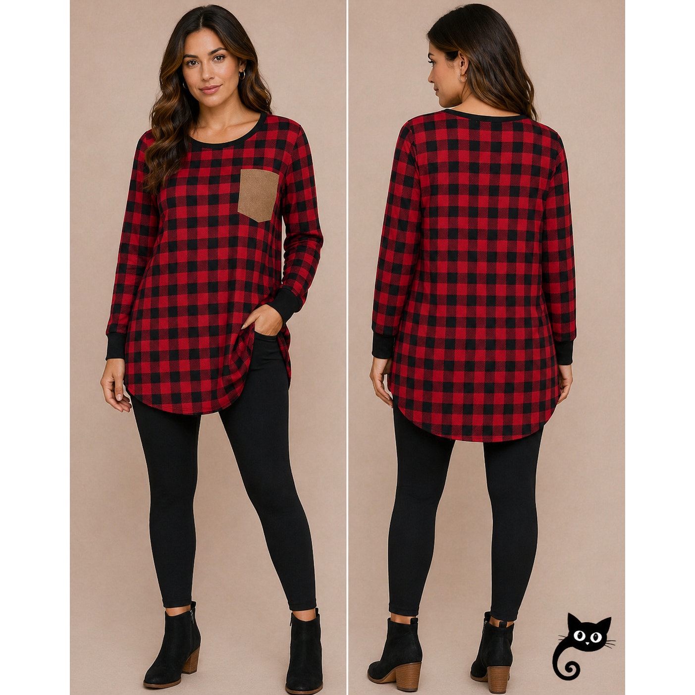 NWT Marleylilly Red & Black Buffalo Plaid Front Pocket Long Sleeve Flannel Tunic