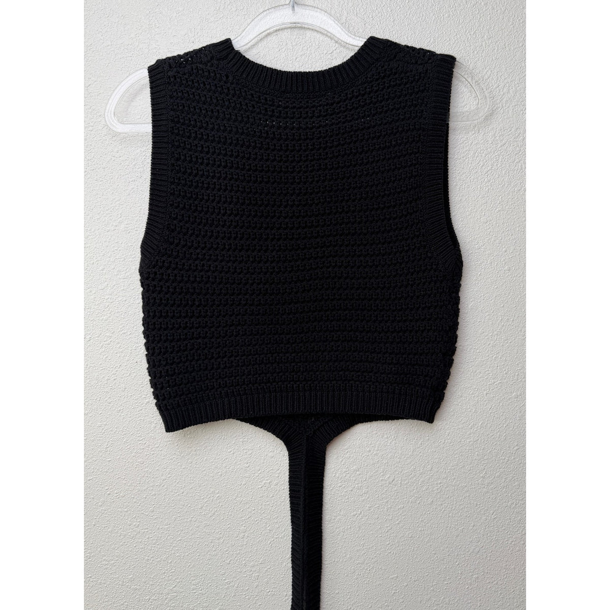 Et Clet Black Crochet Open Knit Wrap Tie Crop Sweater Vest L