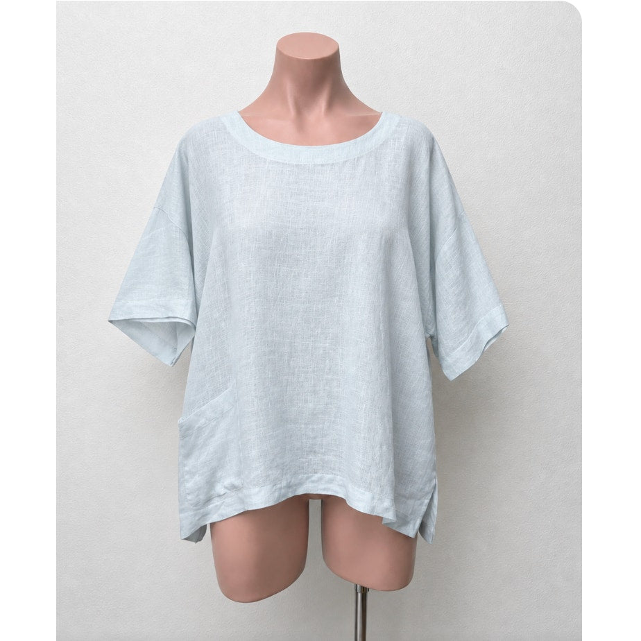 Eskandar Light Blue Boxy Linen Short Sleeve Front Pocket Round Neck Blouse Top 6