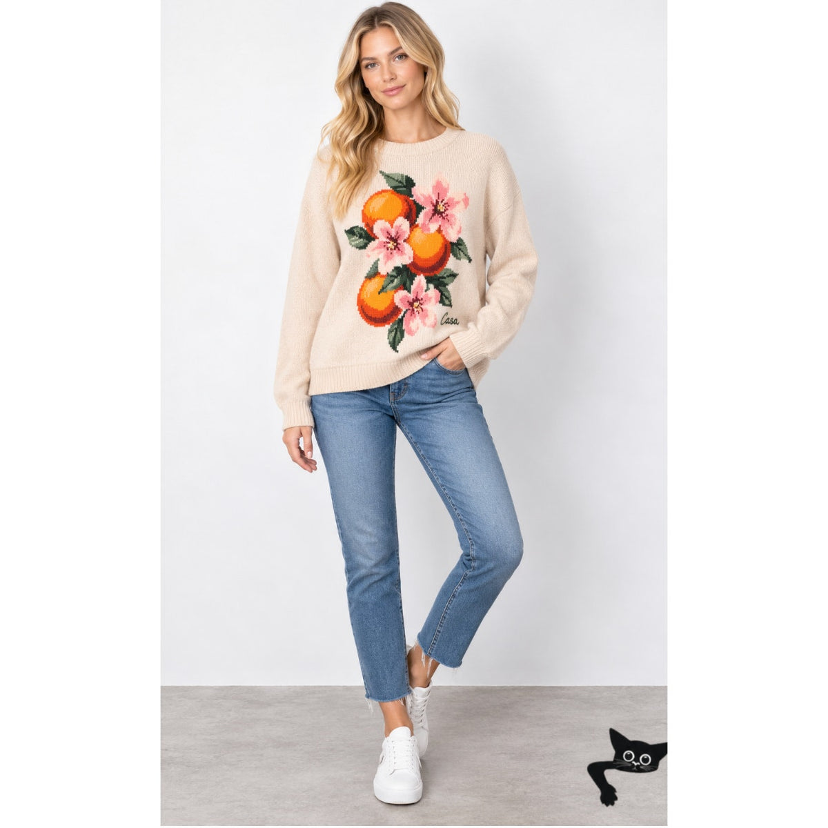 NWT Casablanca Cream Kapalia Oranges Graphic Intarsia Knit Sweater XXL