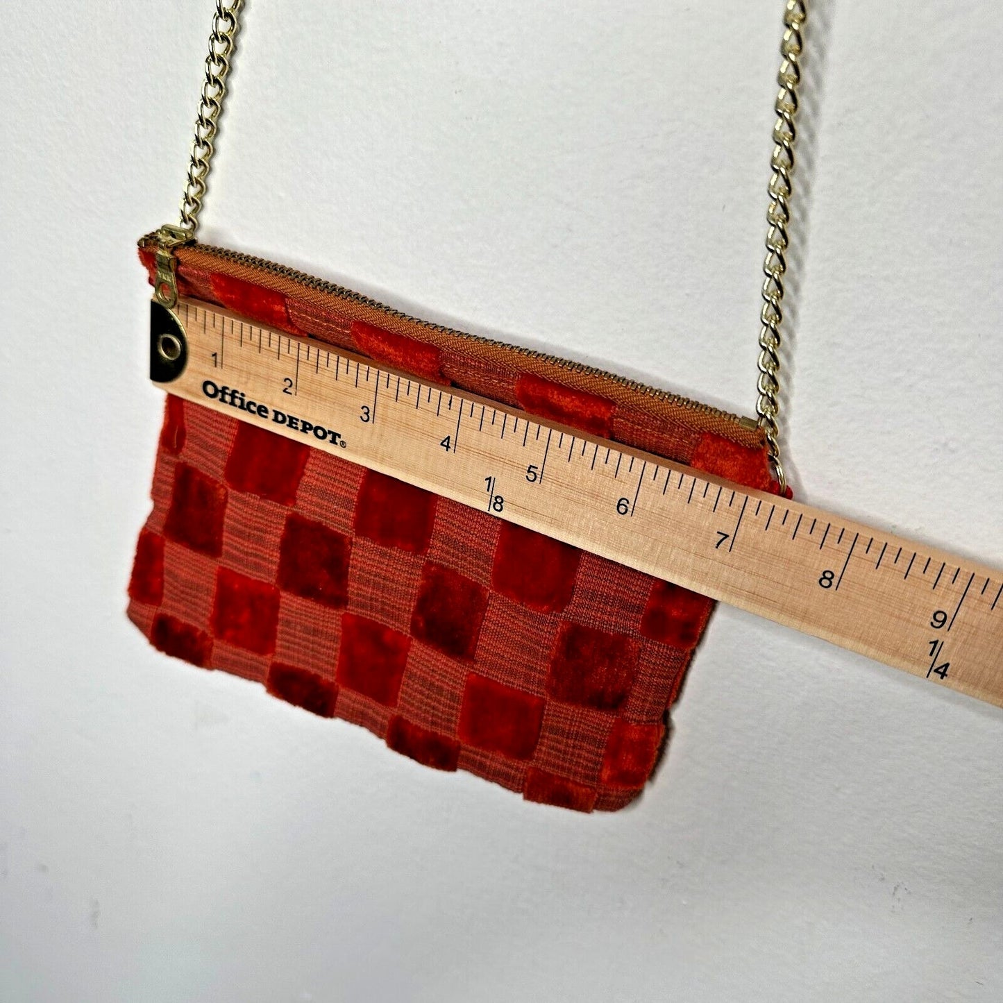 Rust Orange Velvet Checked Gold Chain Strap Zipper Top Slim Mini Purse