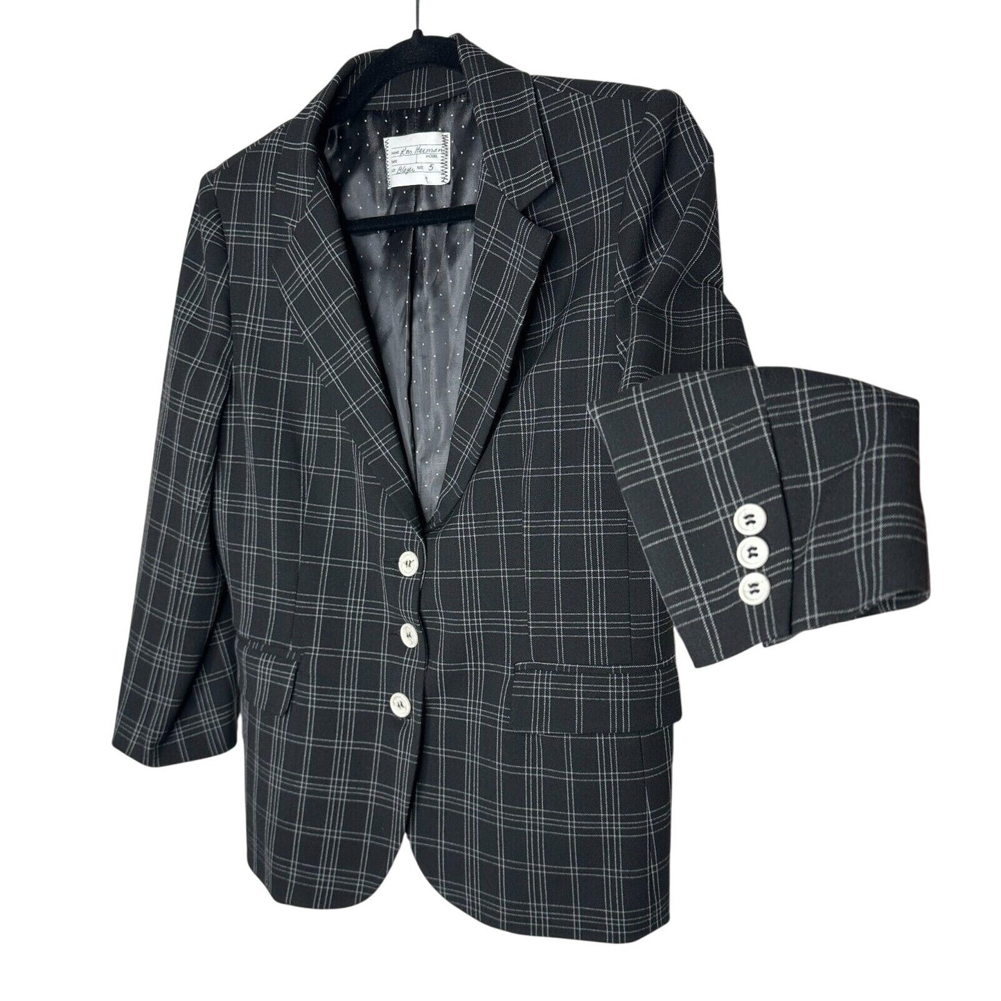 Ron Herman Black & White Stripe Plaid 3 Button Blazer Satin Dot Lining 5