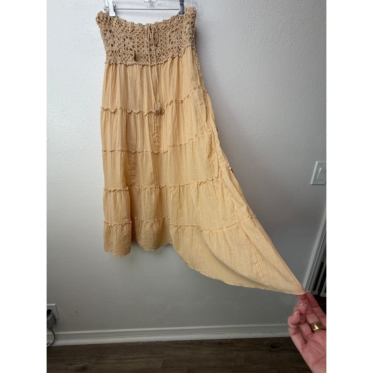 GUC Beige Crochet Waist Cotton Tiered Maxi Skirt Women