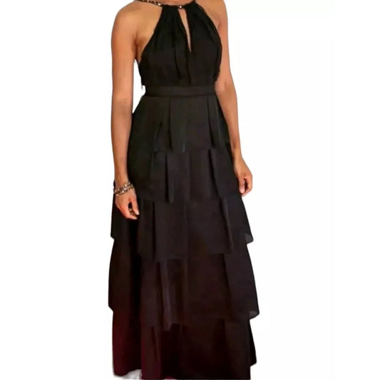 BCBGMAXAZRIA Black Lace Tiered Ruffle Low Back Keyhole Front Maxi Dress 4