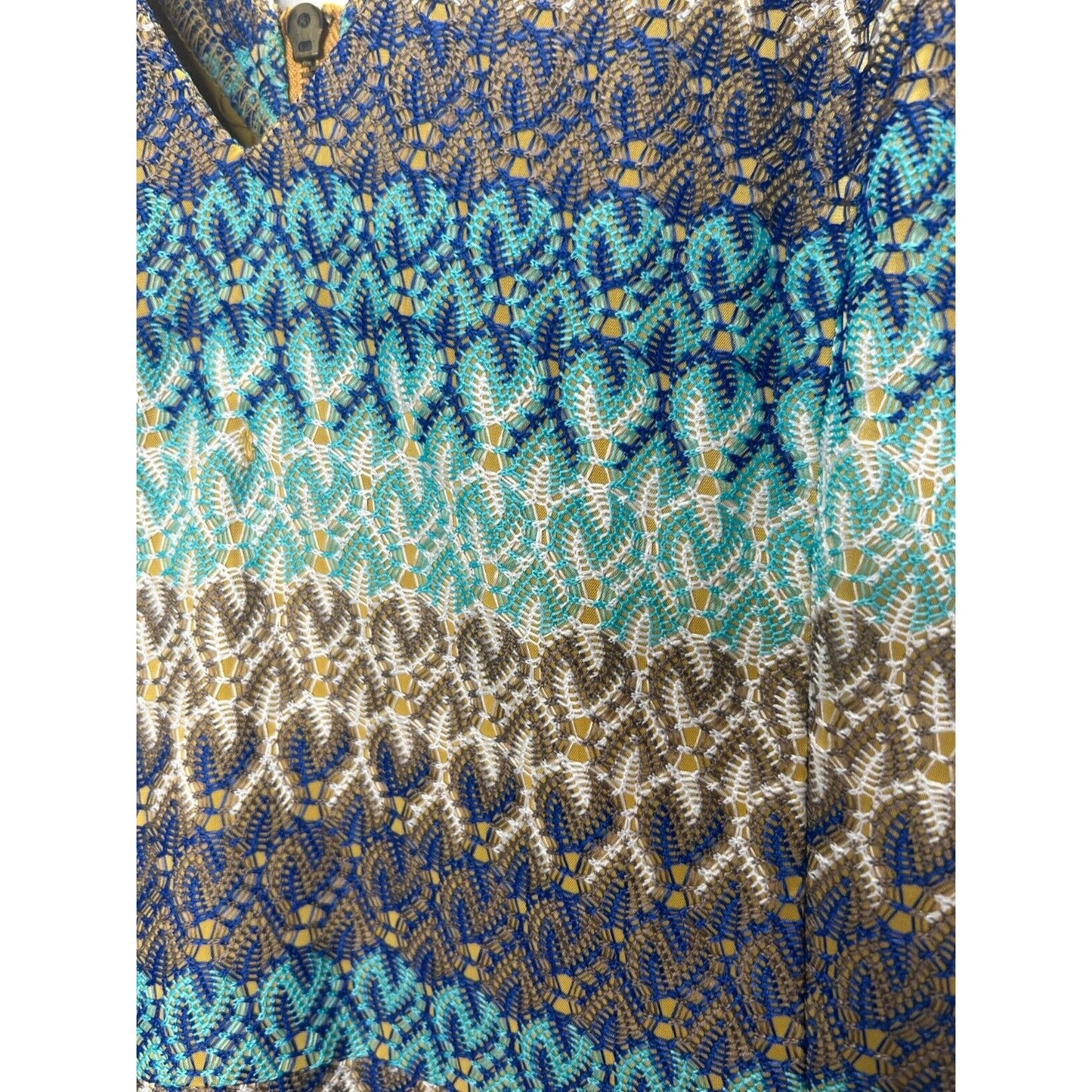 Tabitha Teal Brown Blue Cream Crochet Stripe V-Neck Ruffle Cap Sleeve Mini Dress
