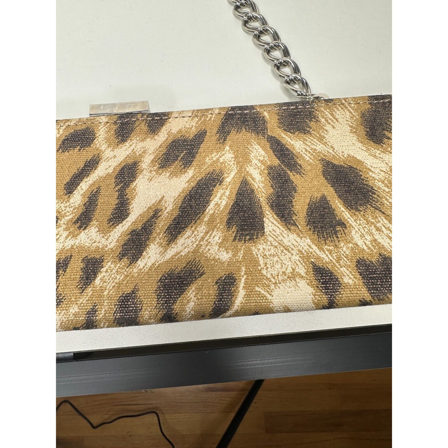 Vintage Fashion Express Leopard-Print Slim Clutch Silver Chain Strap Black Lined