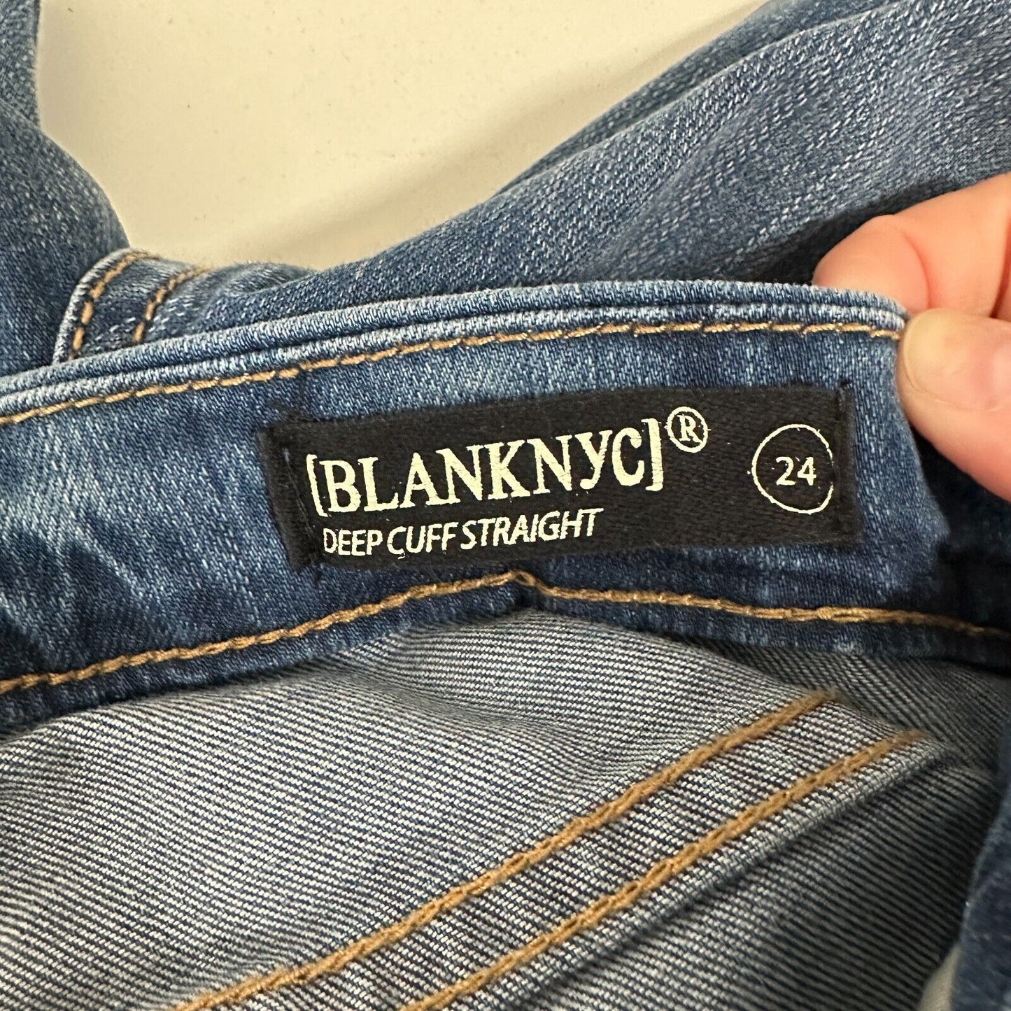 Blank NYC High Cuff Straight Medium Wash Distressed Jeans Low Rise Stretch 24