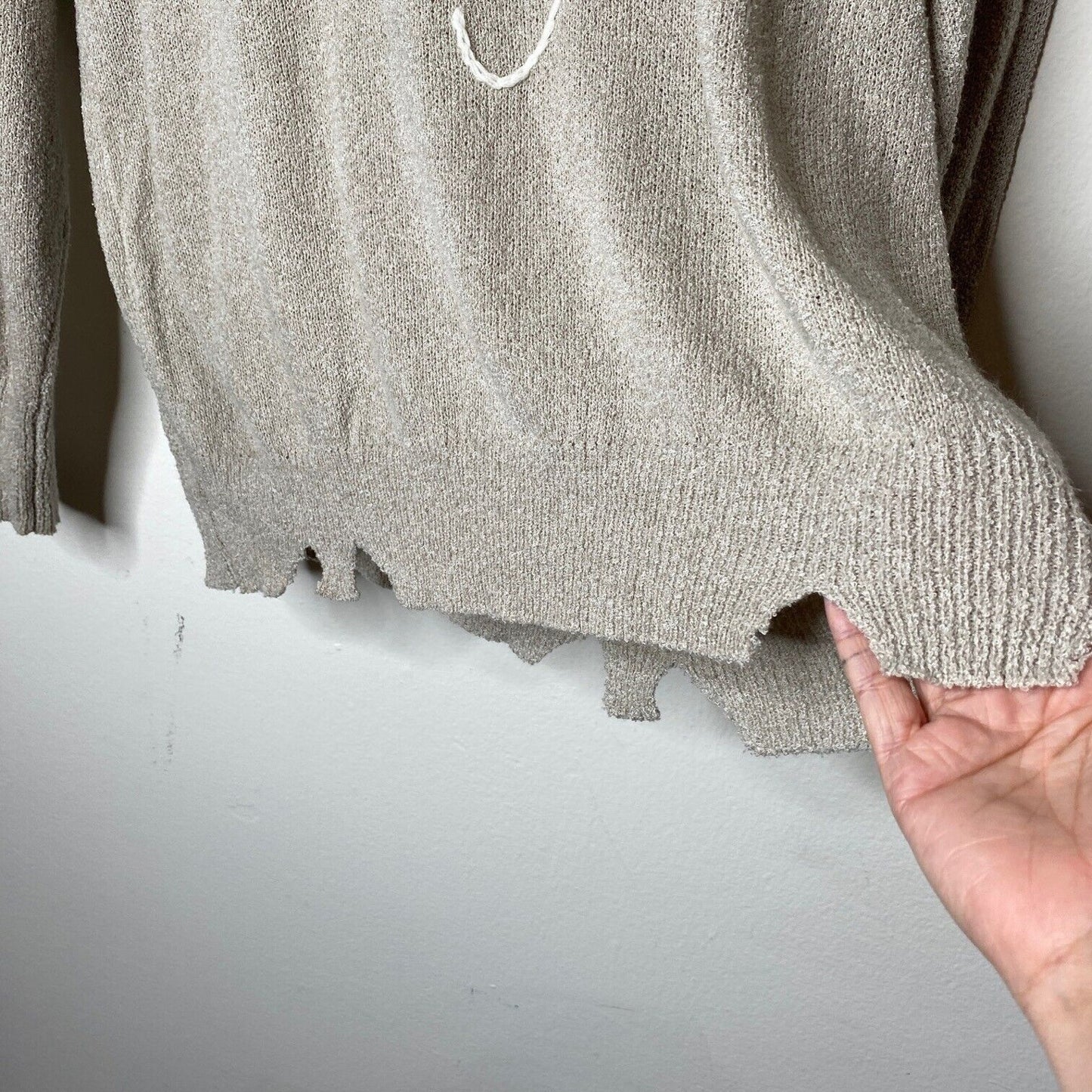 William B Taupe Bonjour Embroidered Oversize Distressed Sweater Long Sleeve S