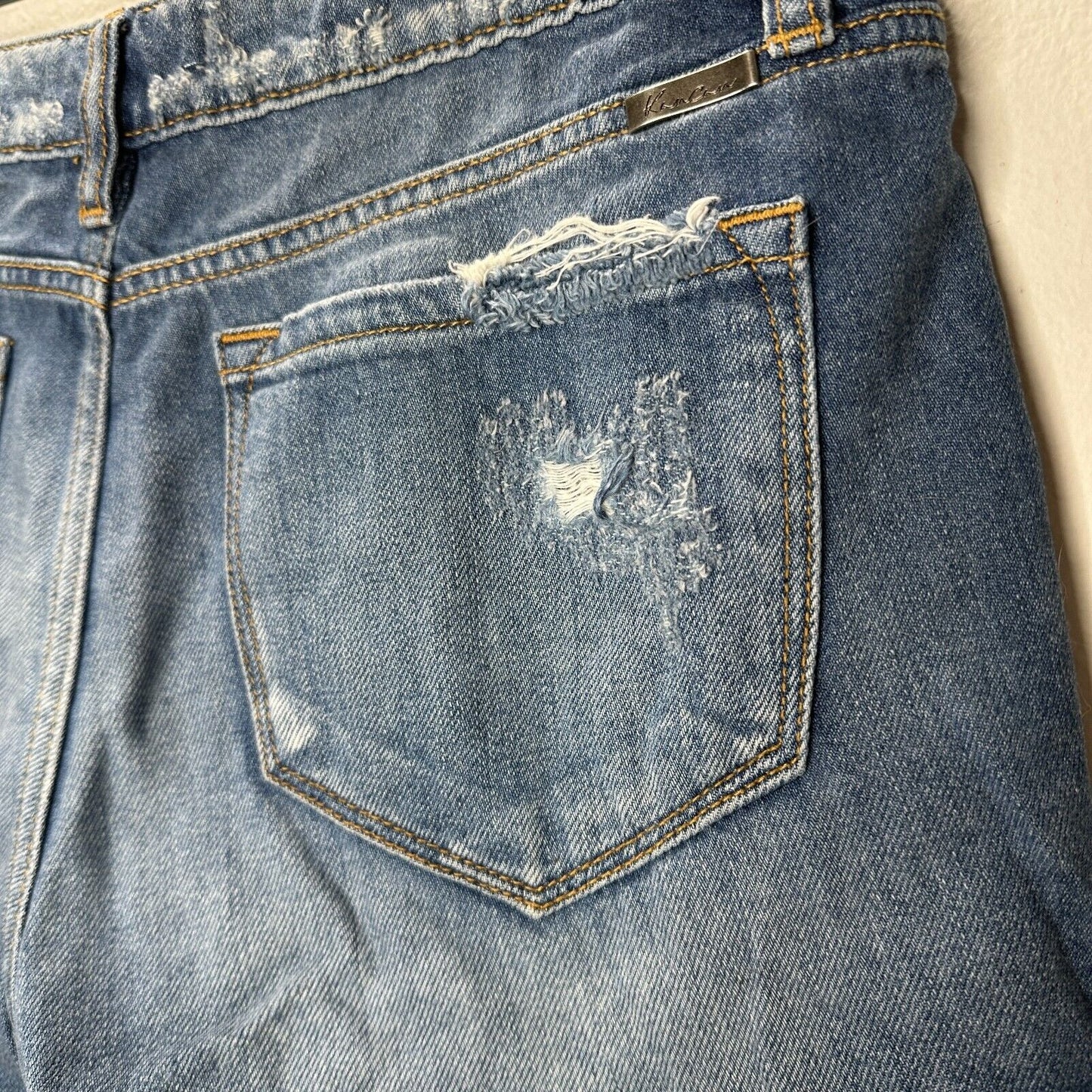 Kancan Medium Blue Wash Mid-Rise Distressed Raw Hem Denim Jean Shorts 28