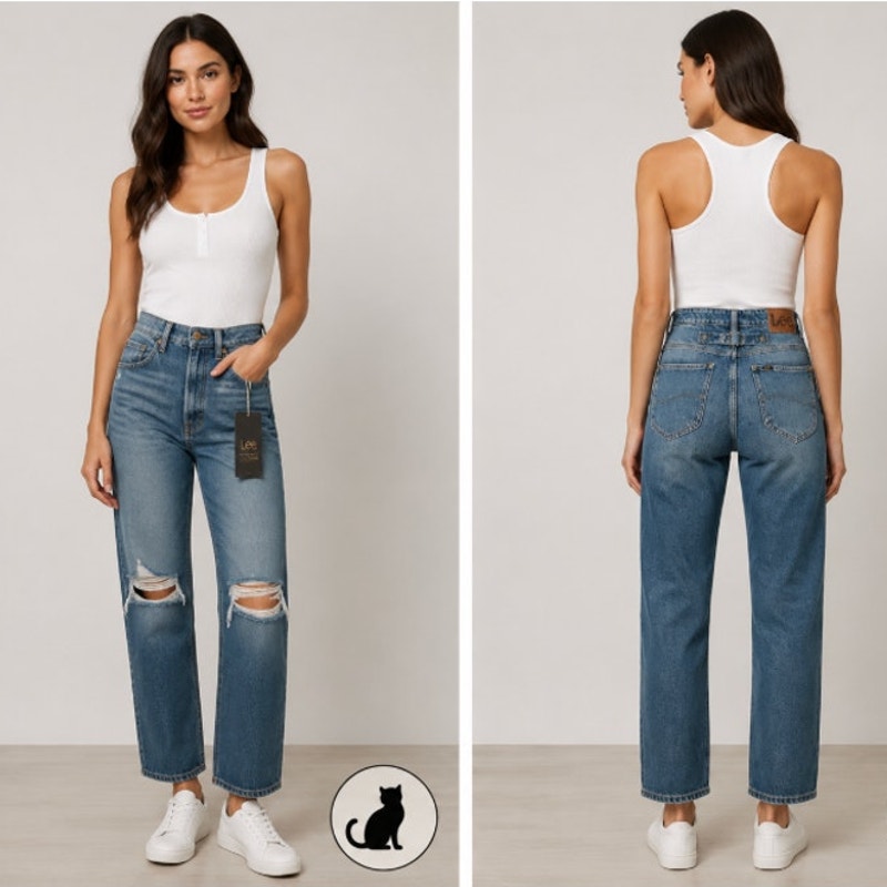 NWT Lee Vintage Medium Blue Wash High Rise Relaxed Stovepipe Distressed Jeans 28