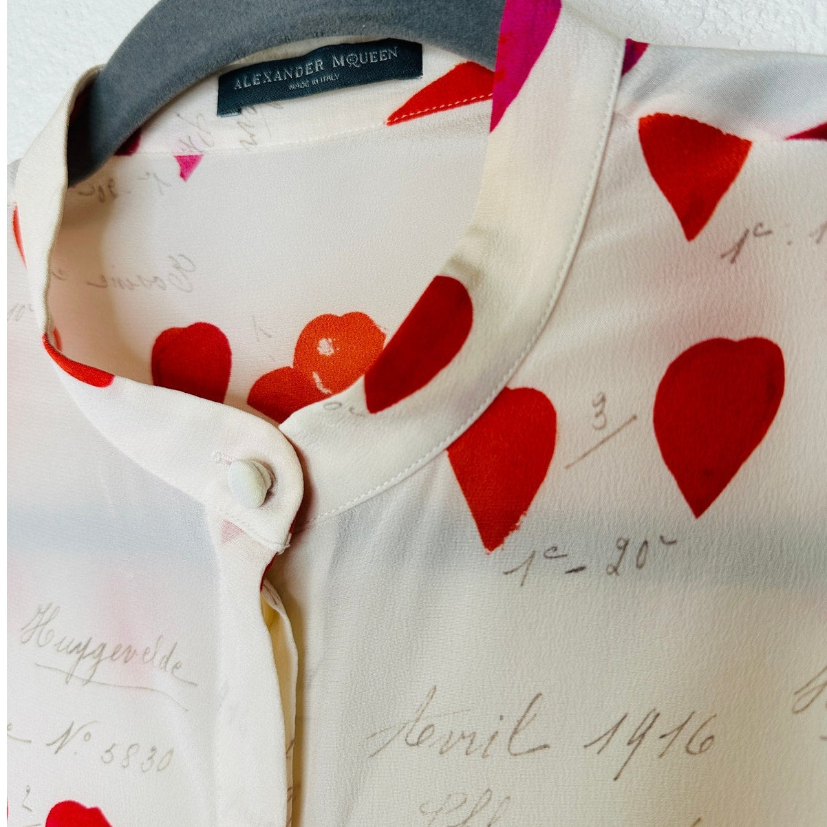 Alexander McQueen Silk Cream Red Pink Petal Long Sleeve Blouse 42 / 10