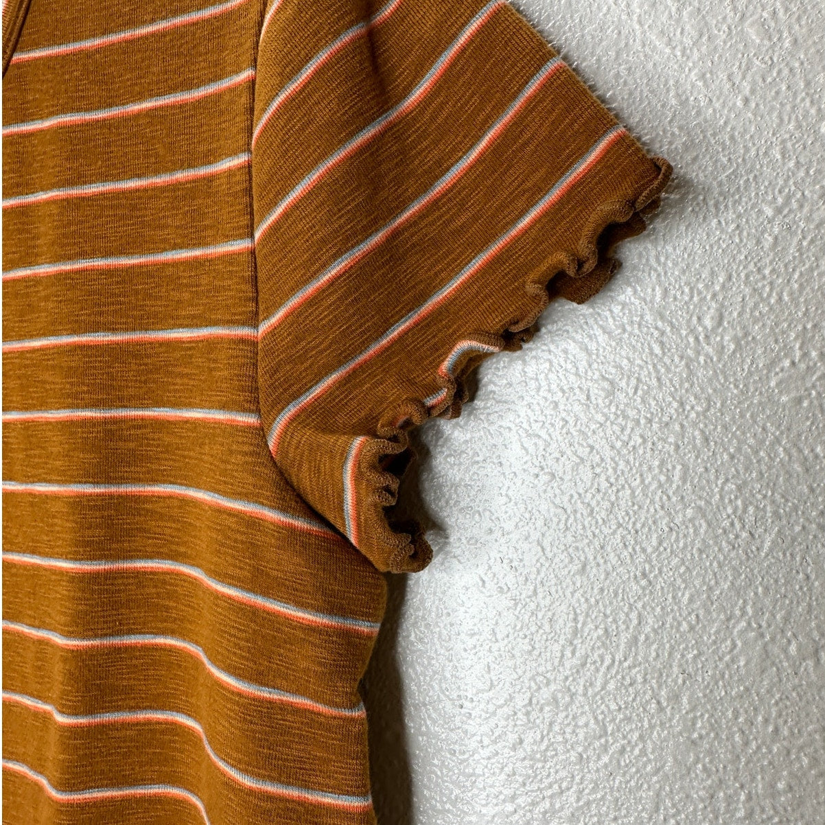 Madewell Rust Brown Peach Blue Stripe Short Sleeve Lettuce Hem Shirt M