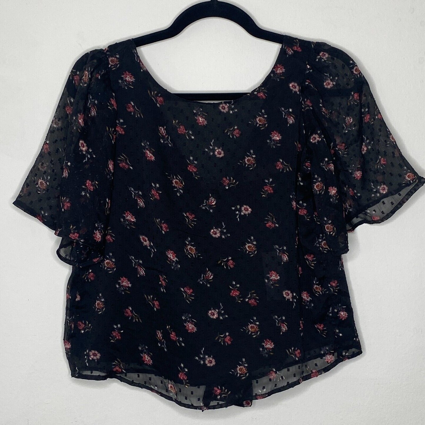 Loft Cute Black Floral Print Round Neck Short Sleeve V-Back With Ties Blouse XXS