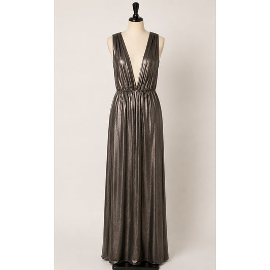 About Us Meredith Plunge Maxi Deep VNeck Sleeveless Shiny Bronze Metallic Small