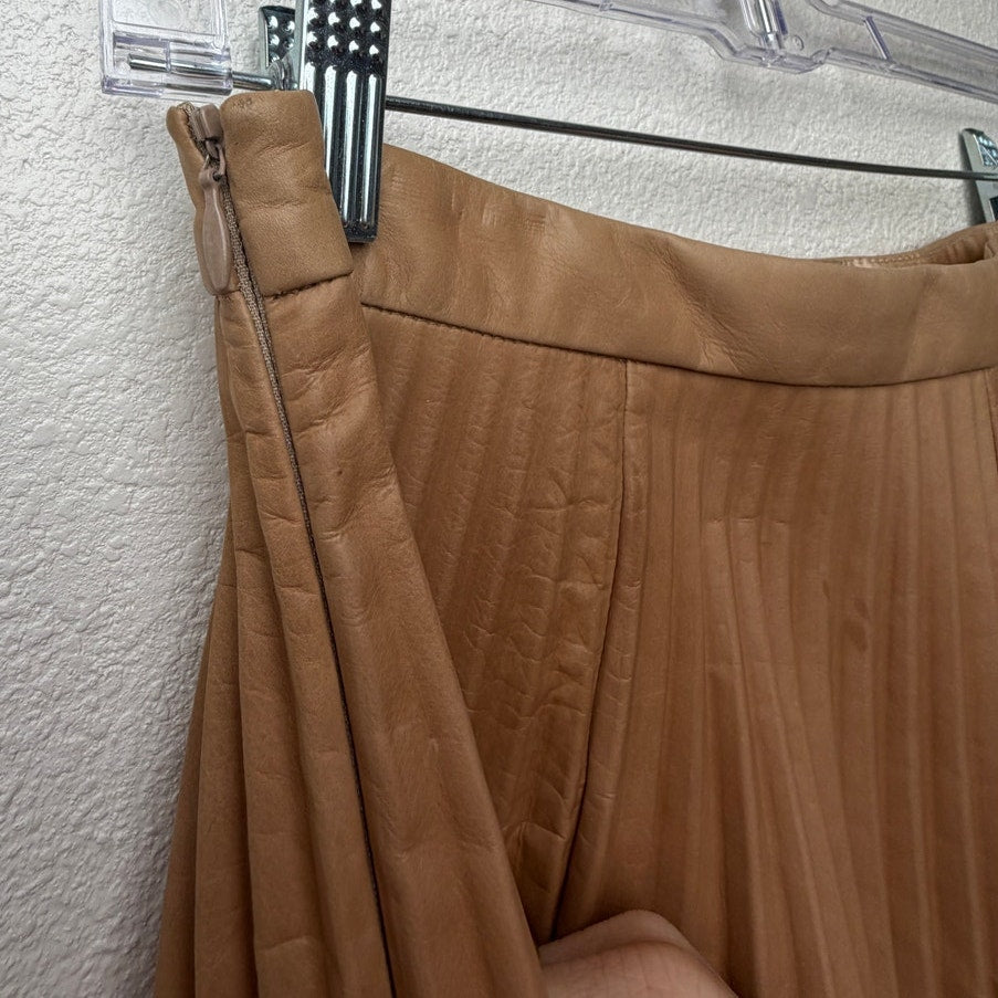 August Getty Atelier Accordion Pleat Leather Maxi Skirt Tan Women's US 4