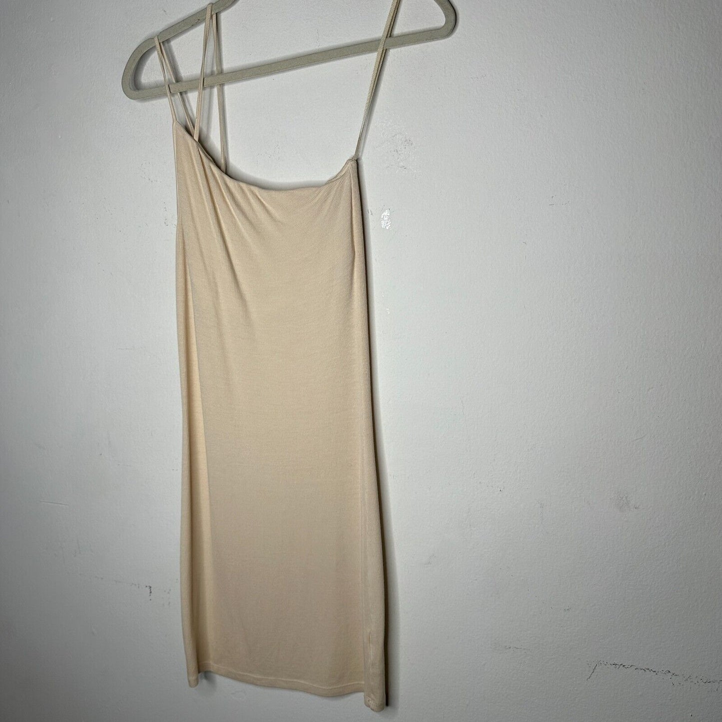 Enza Costa Sexy Cream One Shoulder Spaghetti Strap Ribbed Bodycon Mini Med