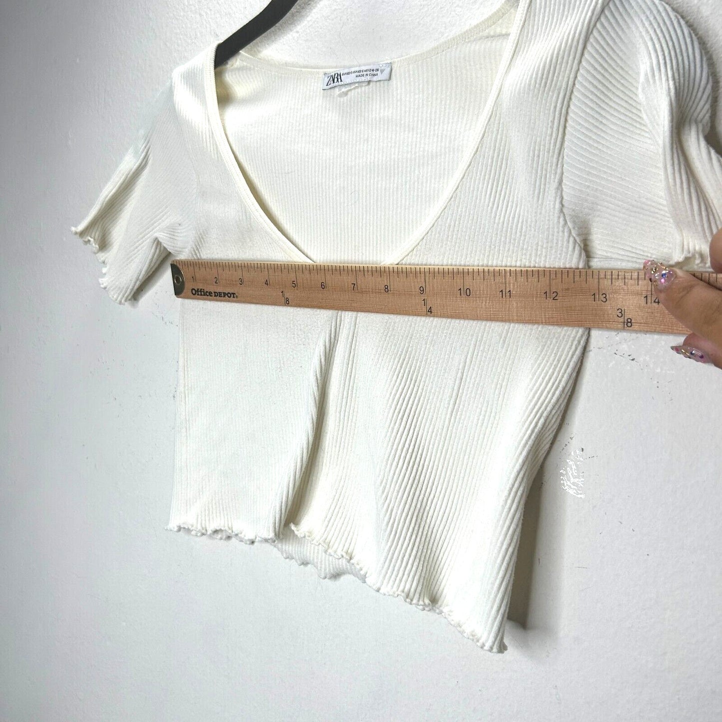 Zara Cream Ribbed Scoop Neck Top Short Sleeve Lettuce Hem Sleeves & Bottom XS