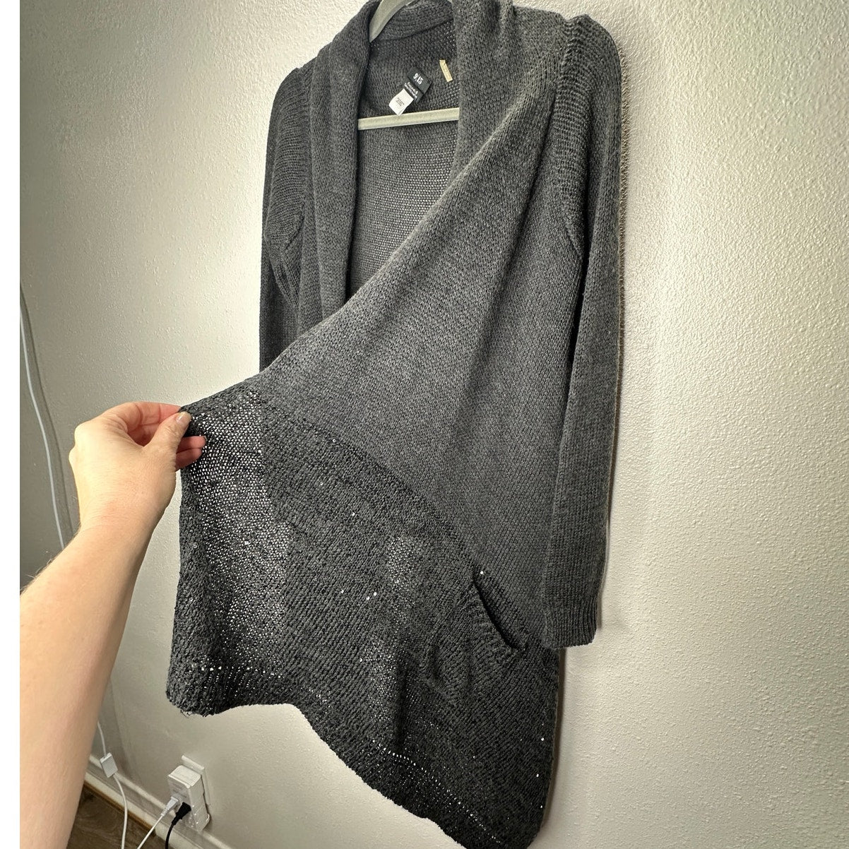 9/15 Saks 5th Ave Dark Gray Waterfall Front Cardigan with Sequins Large