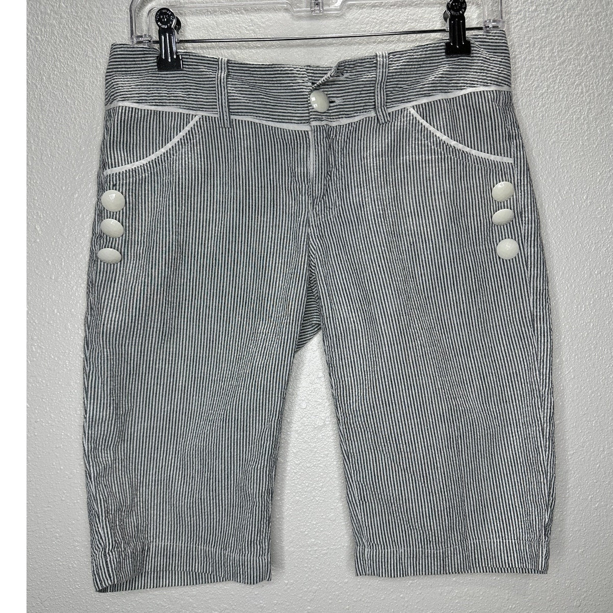 Pixxi Gray & White Striped Bermuda Shorts White Trim & Button Detail M