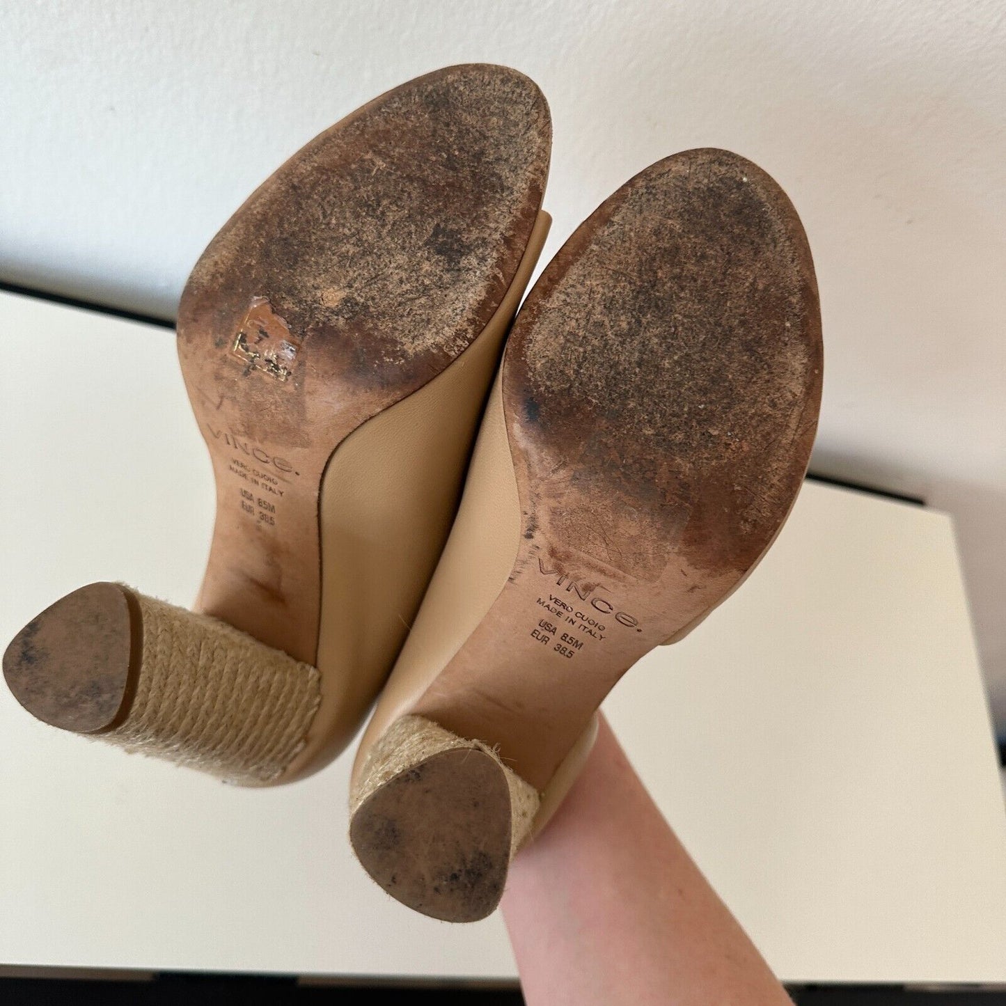 VINCE Percey Taupe Leather Open Toe Block Heel Sandals Jute Wrapped Heels 8.5