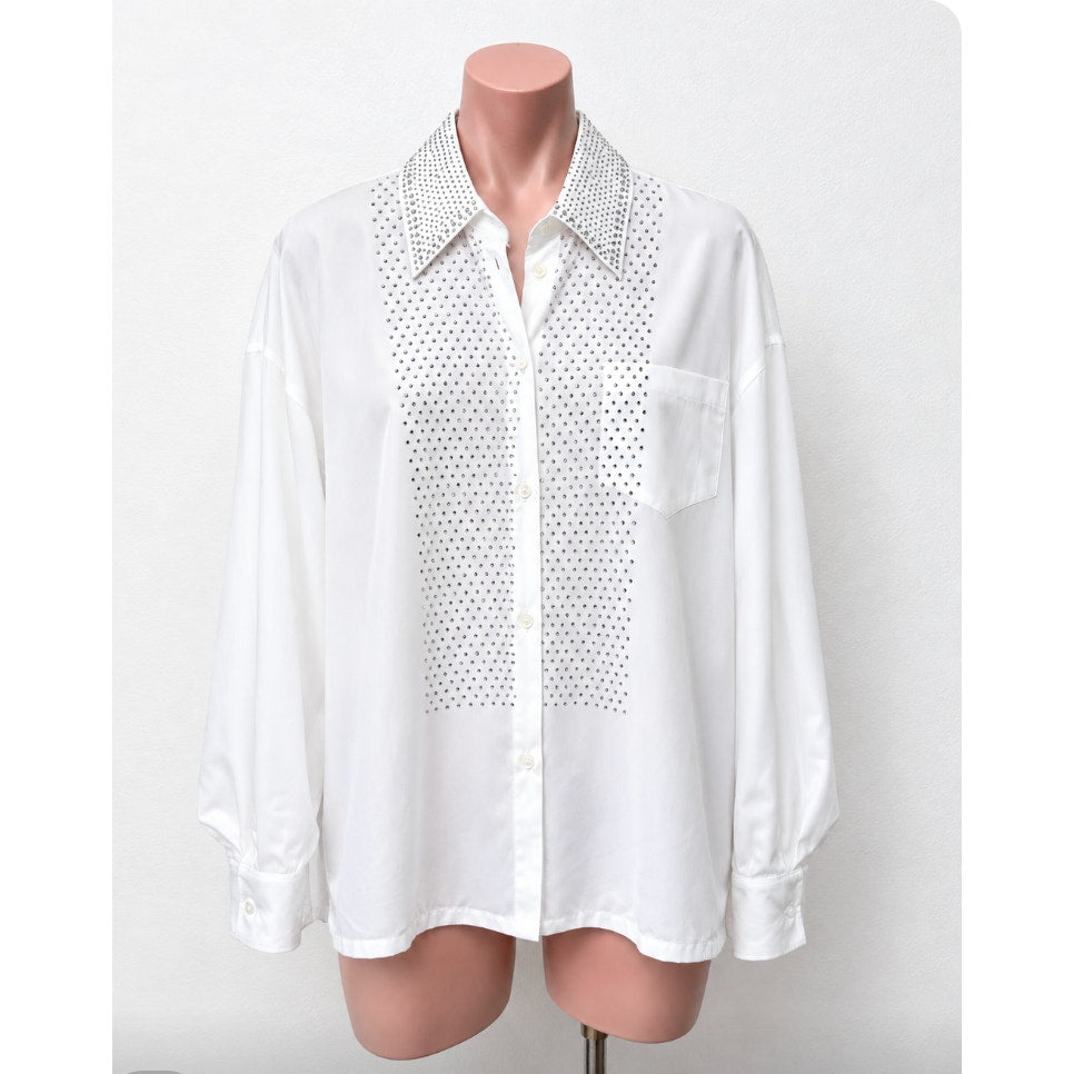 Prada White Long Sleeve Front Button Rhinestone Encrusted Collar & Front Shirt