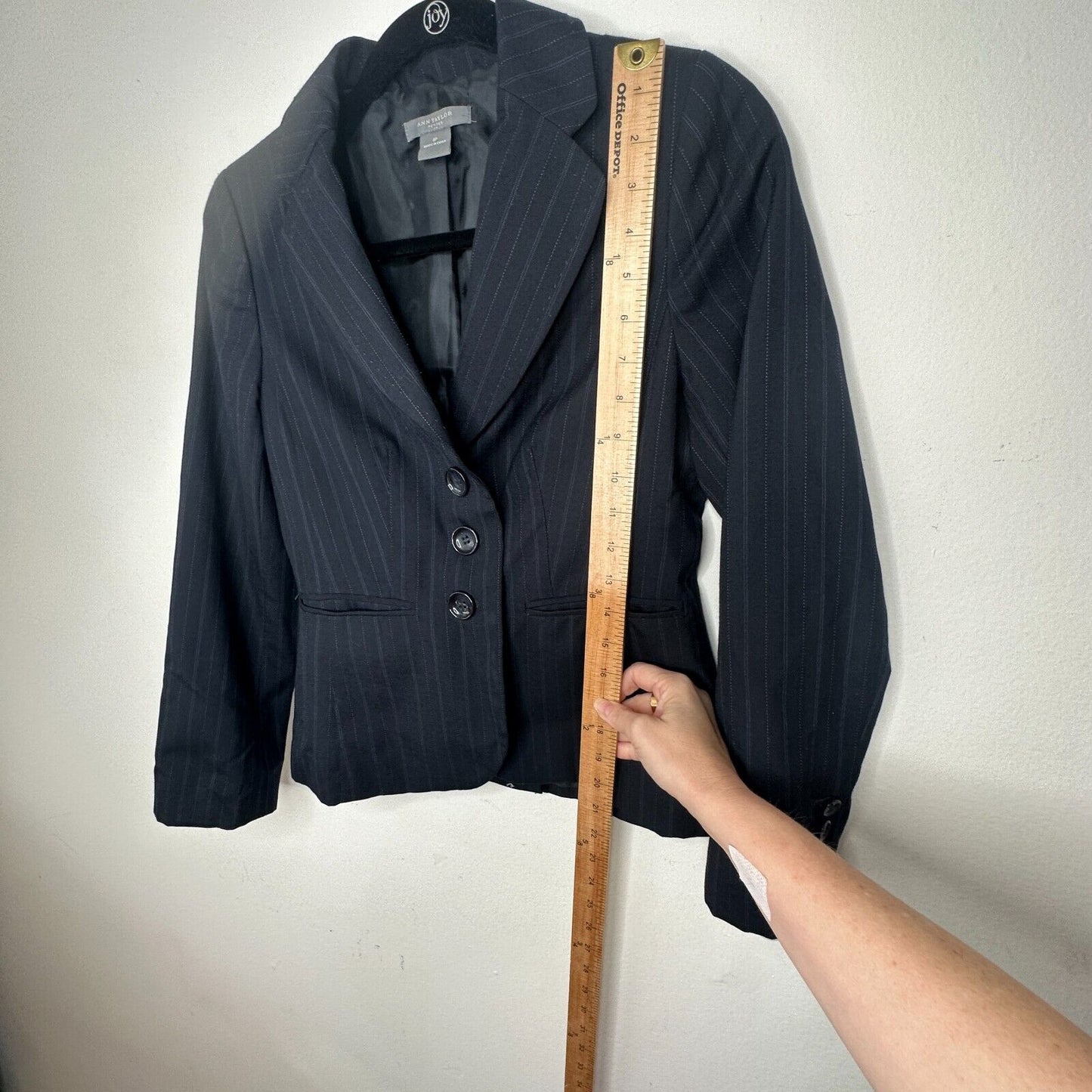 Ann Taylor Navy Pinstripe Crop Blazer Shawl Collar Button Sleeve Welt Pocket OP