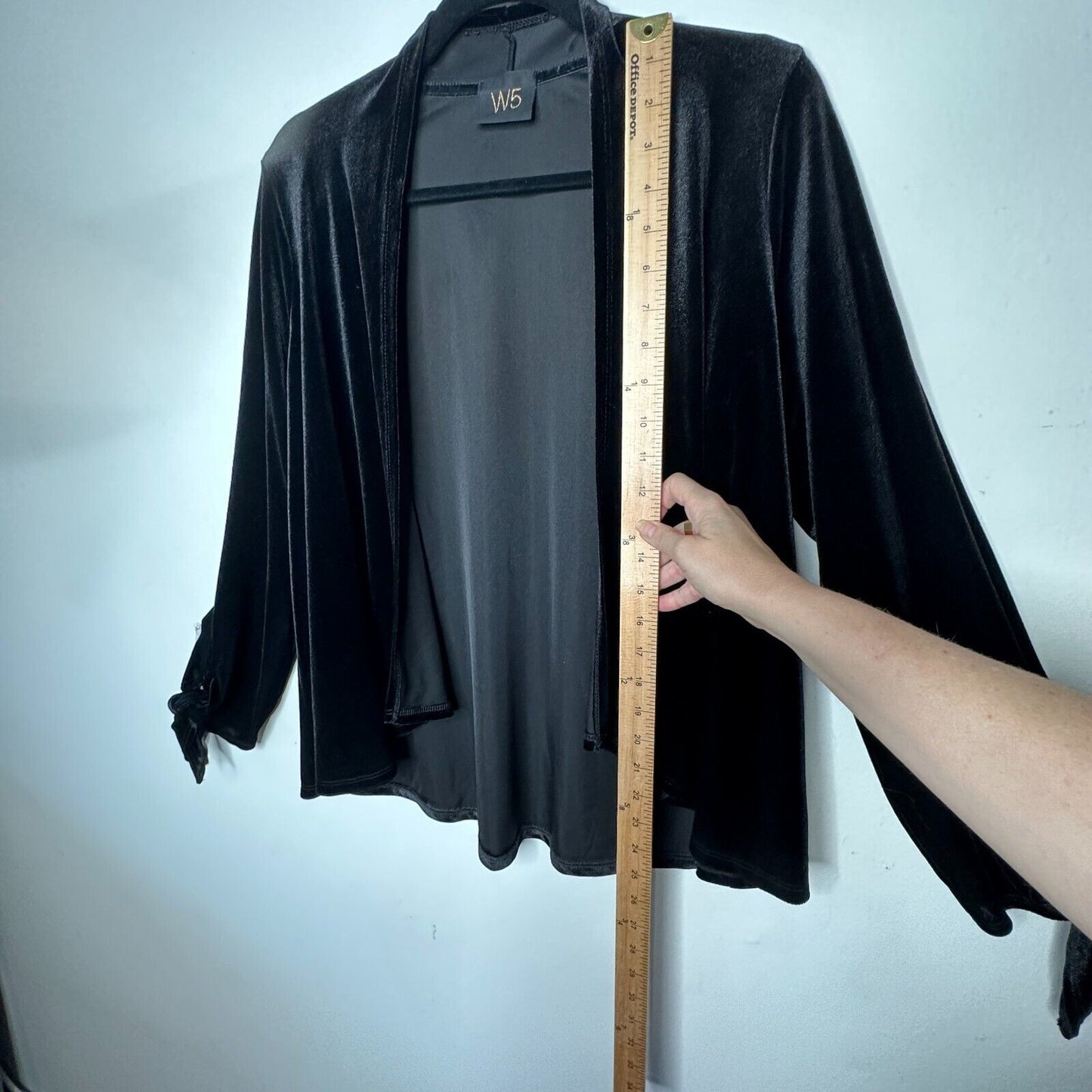 Jet Black Velvet Velour Waterfall Open Front Cardigan Long Sleeve with Ties M