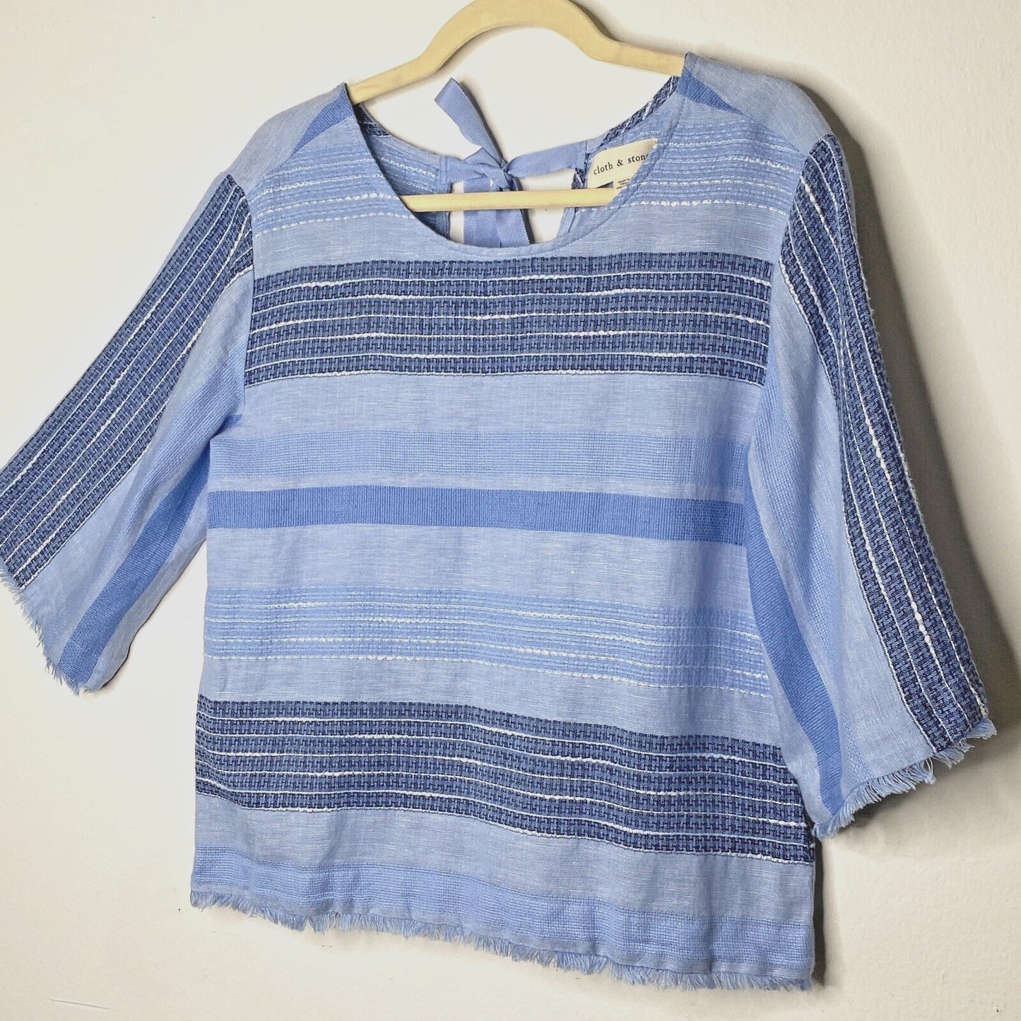 Cloth & Stone Light Blue & Navy Stripe Linen Bell Sleeve Raw Hem Tie Neck Top XS
