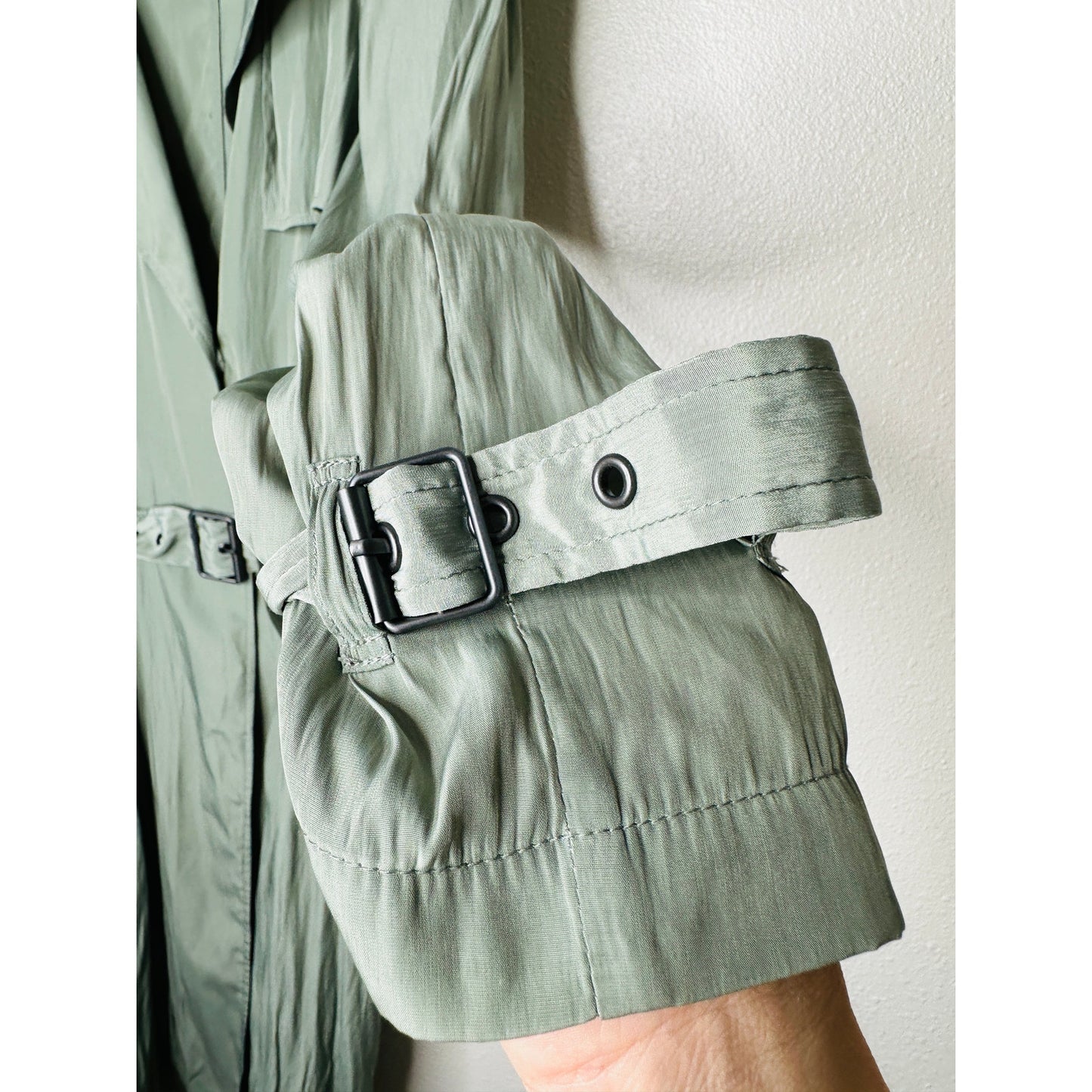 BCBGMaxazria Sage Green Ultra Thin Wide Notch Lapels Wrist Ties & Belt Jacket S