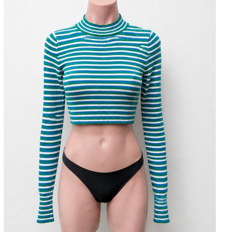 Silence + Noise Blue Green Striped Cropped Mock Long Sleeve Knit Top S