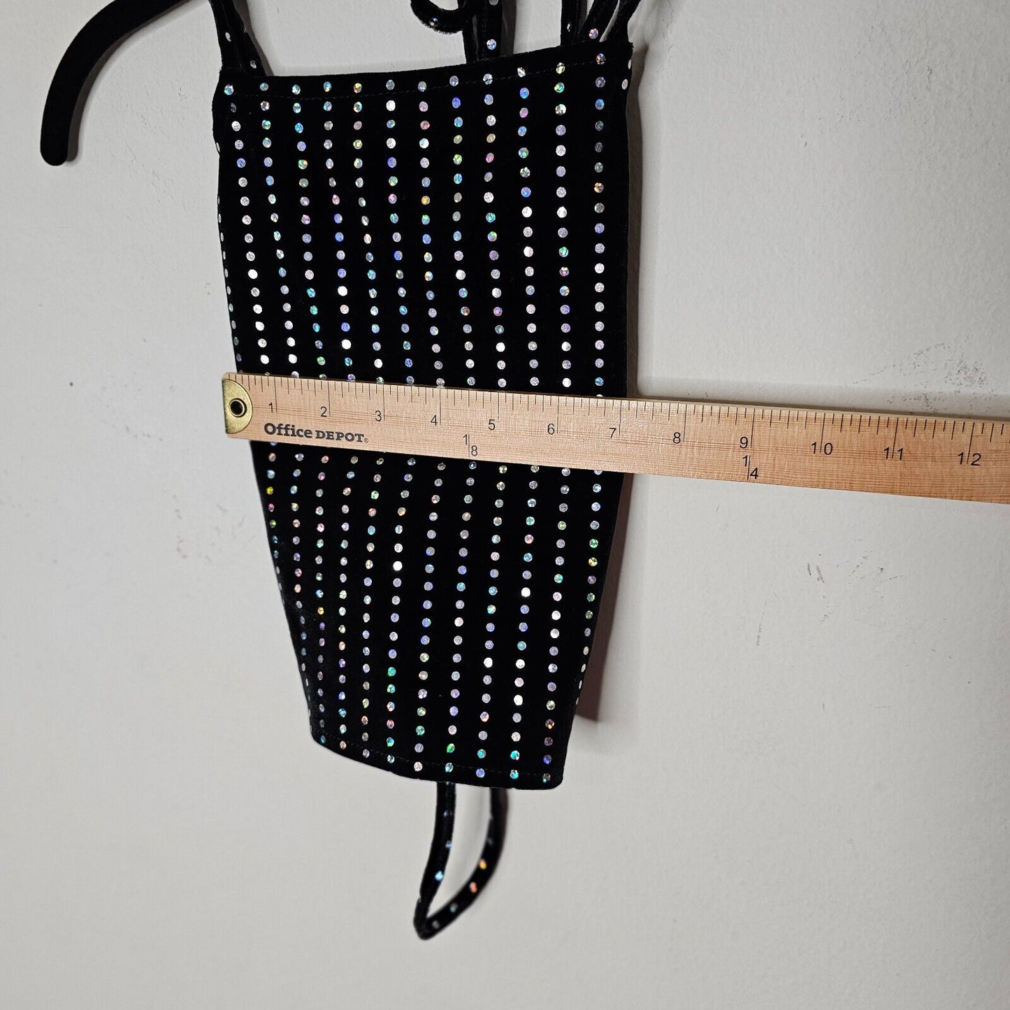 NWT Subdued Black Velour Silver Metallic Polka Dot Strappy VBack Crop Top 0