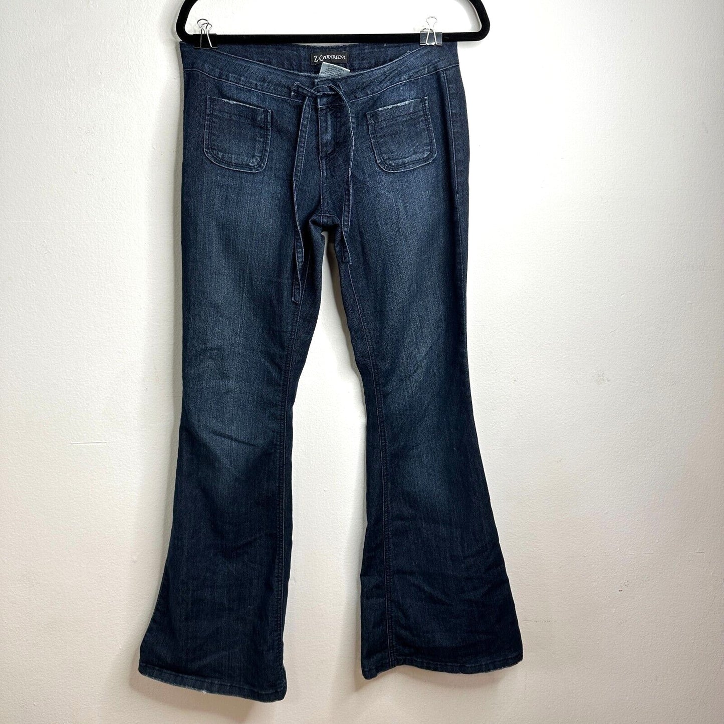 Vintage Z Cavaricci Dark Wash Low Rise Flare Front Tie Waist Jean Patch Pocket 7