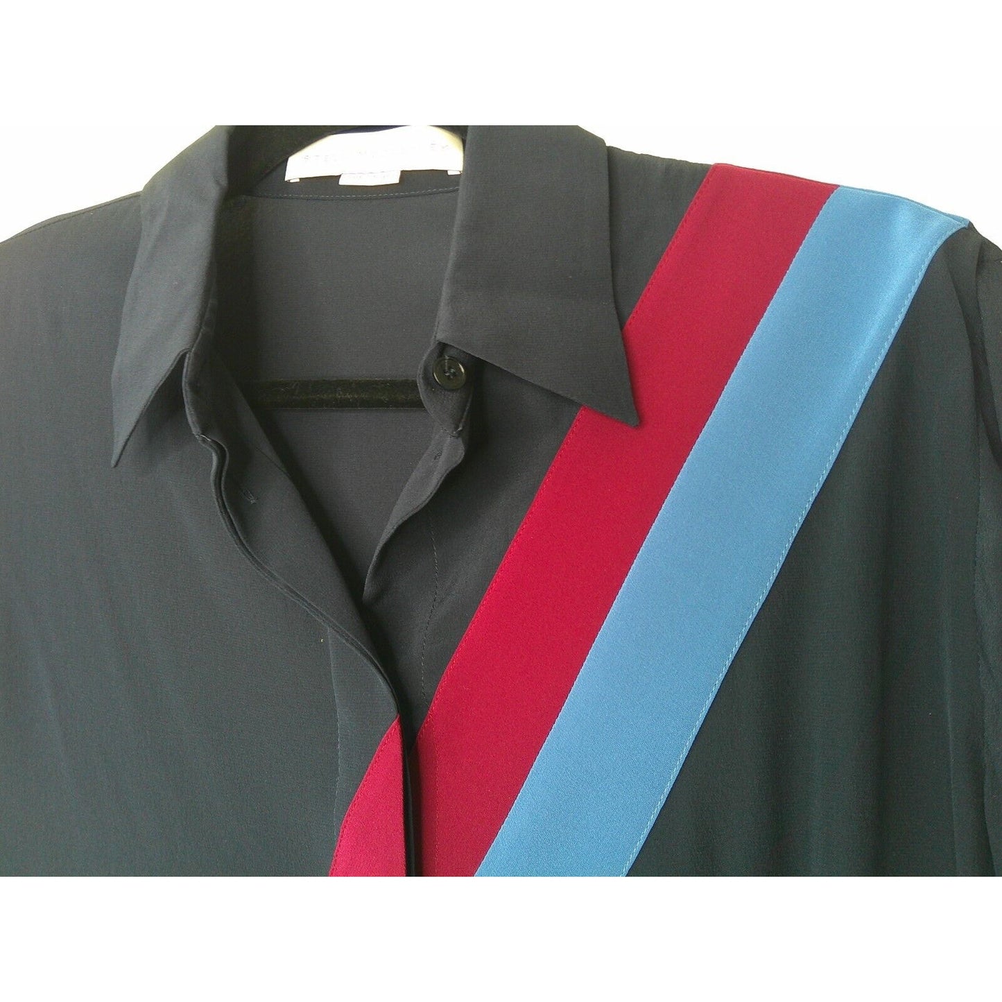 Stella McCartney Silk Black Blue & Red Diagonal Stripe Front Button Blouse Top