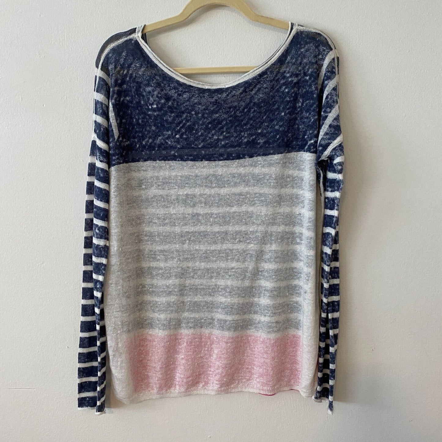 Splendid Blue White Pink Stripe Light Linen Boat-Neck Long Sleeve Sweater XS