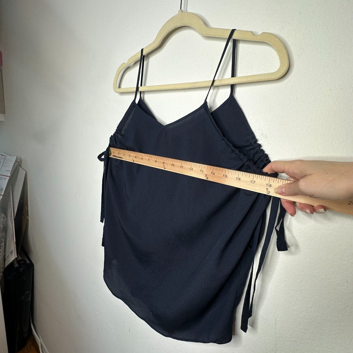 Fora Black Spaghetti Strap V-Neck Cami Ruche & Tie Under Arms Flowy Tank Top S