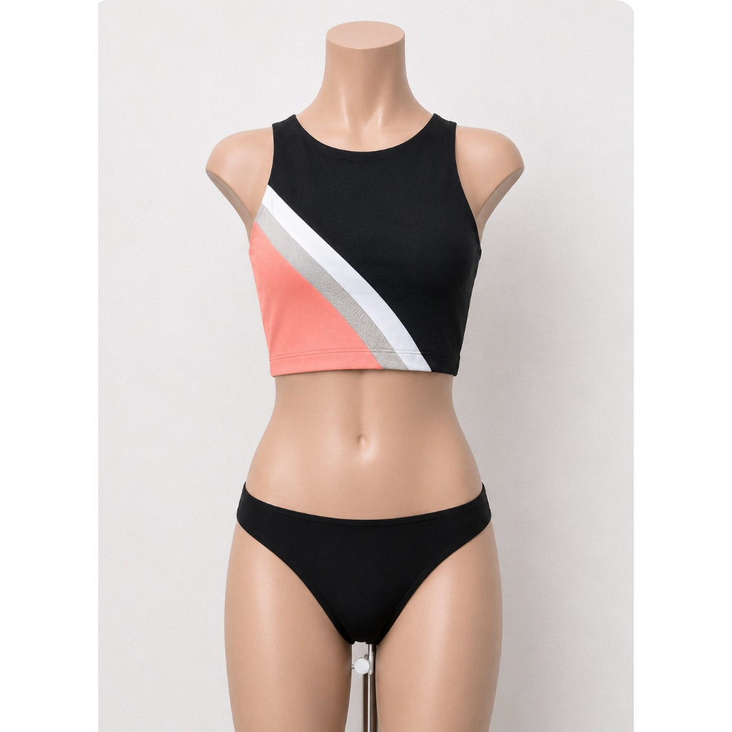 Leonisa Peach White & Black Stripe High Neck Maximum Support Sports Bra Top S
