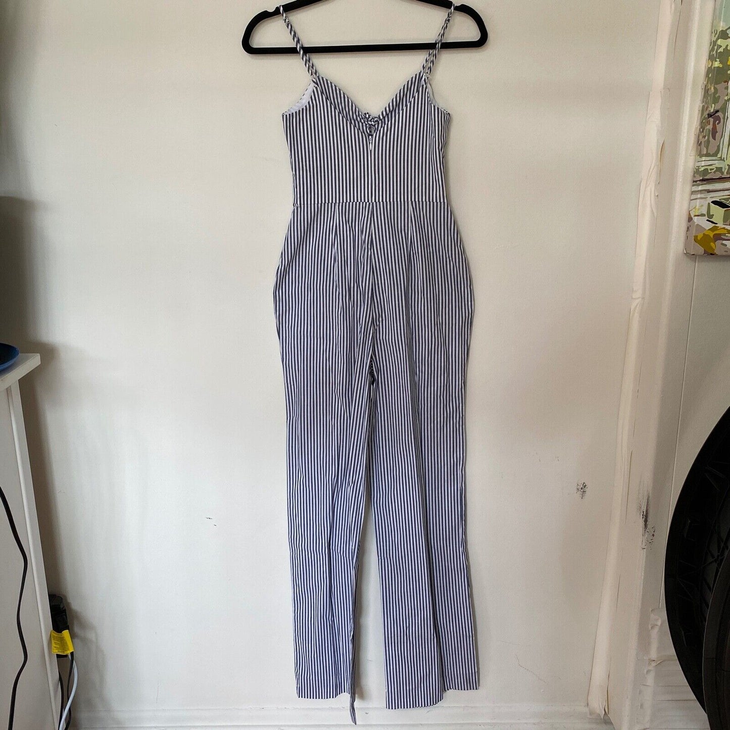 WAYF Massa Front Tie-Knot Pockets Blue White Pin Striped Jumpsuit Romper XS