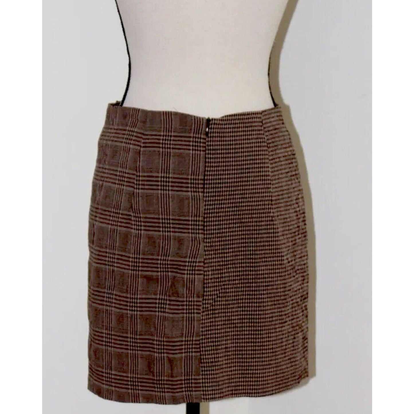 Mango Brown Plaid Checkerboard Mix Fabric Side Ruffle ALine Back Zip Skirt Med