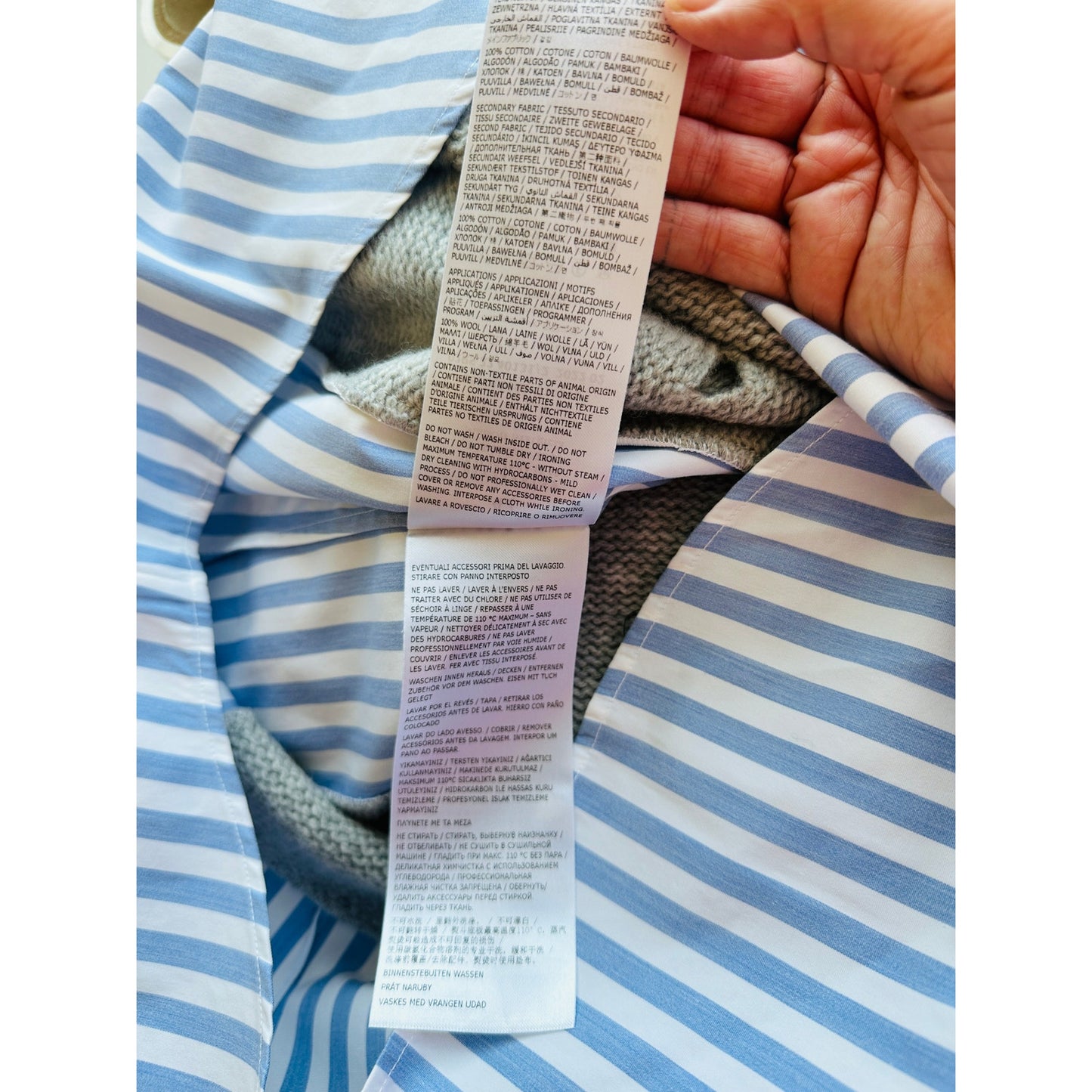 Maison Margiela Distressed Gray Vest Layered Blue & White Stripe Shirt