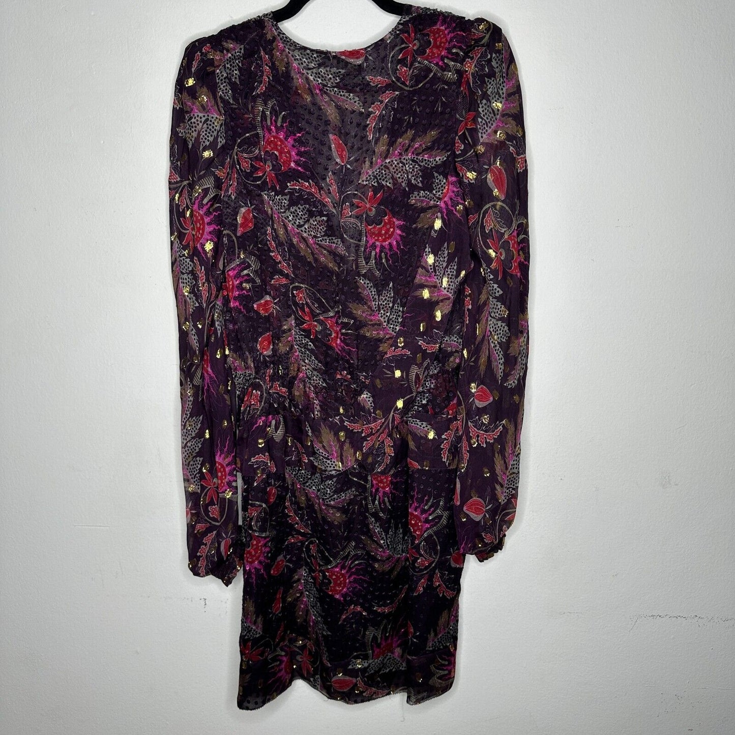Marchesa Voyage Burgundy 100% Silk Flounce Peplum V Neck Long Sleeve Dress 8