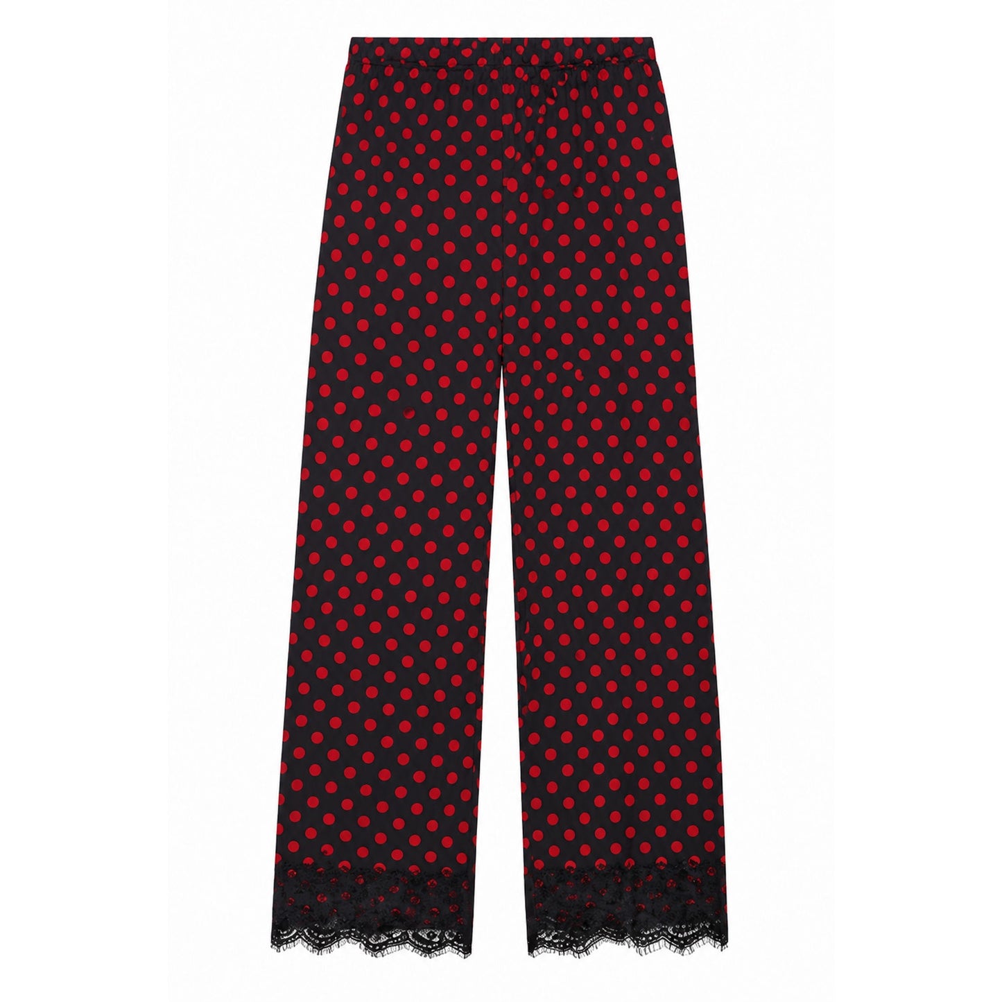 NWOT Zara Black & Red Polka Dot Black Lace Hem Wide Leg Pants Elastic Waist Med