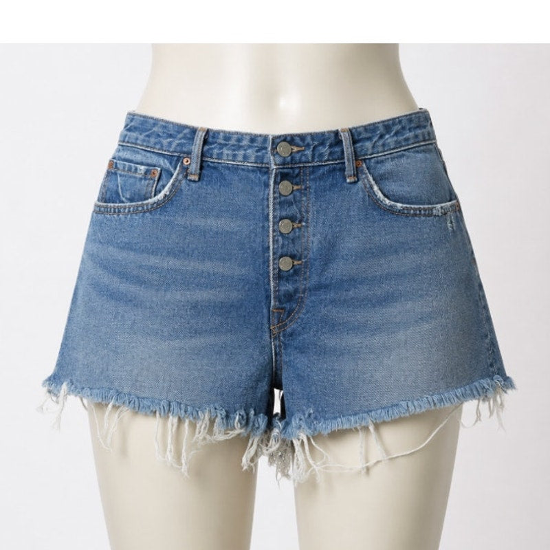 GRLFRND Cindy Button Fly High Rise Medium Blue Wash CutOff Jean Short Raw Hem 32