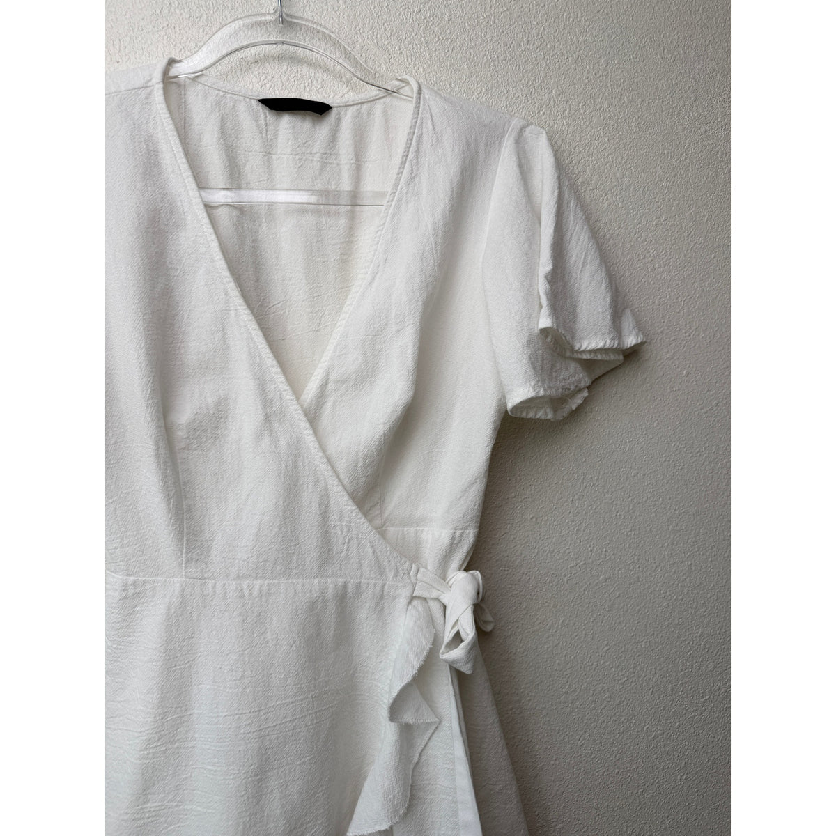 SHEIN White Cotton Wrap Mini Dress Short Sleeve Ruffle Hem Women's S
