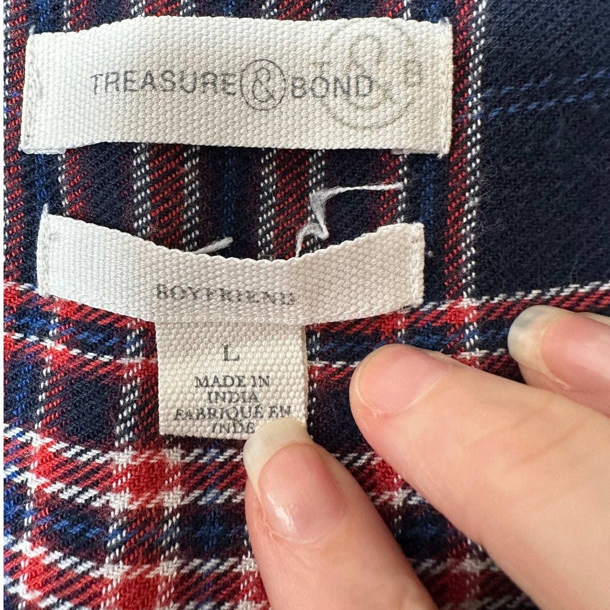 Treasure & Bond Navy Red White Plaid Collared Button Down Boyfriend Shirt L