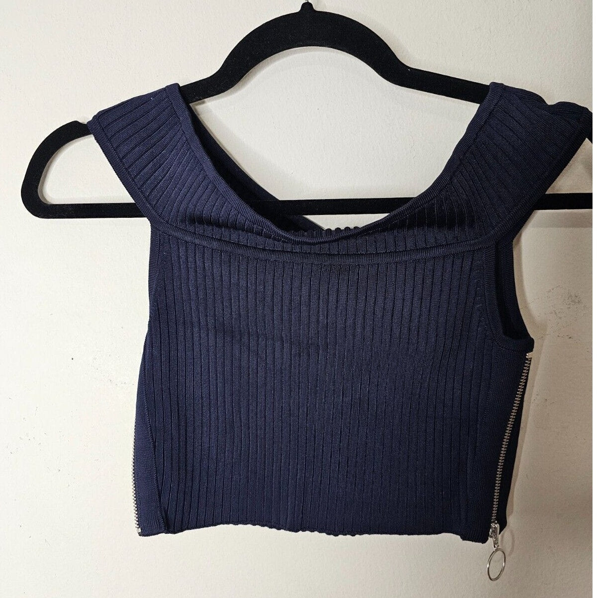 Arc Navy Blue Off Shoulder Ribbed Sweater Silver Side Zip Crop Top P S