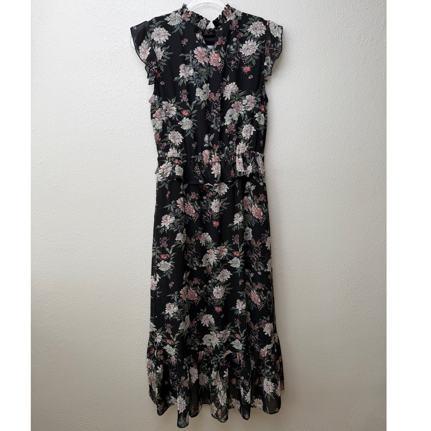 Laissez Faire Floral Midi Dress Smocked Neck Ruffle Sleeveless Size S